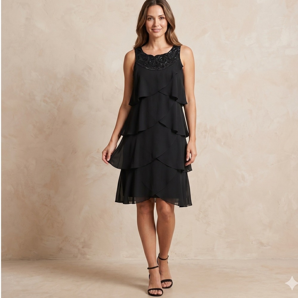 SLNY Black Tiered Ruffle Midi Dress Size 10 Beaded Neckline Wedding Guest LBD